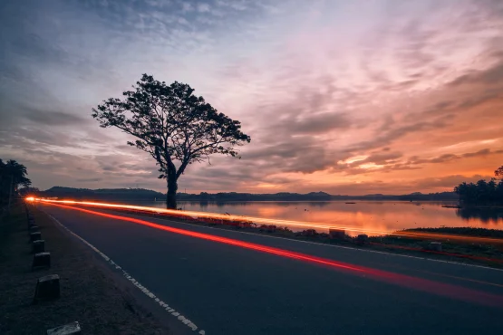 Route longeant un lac au coucher du soleil, avec un arbre et des traînées lumineuses.